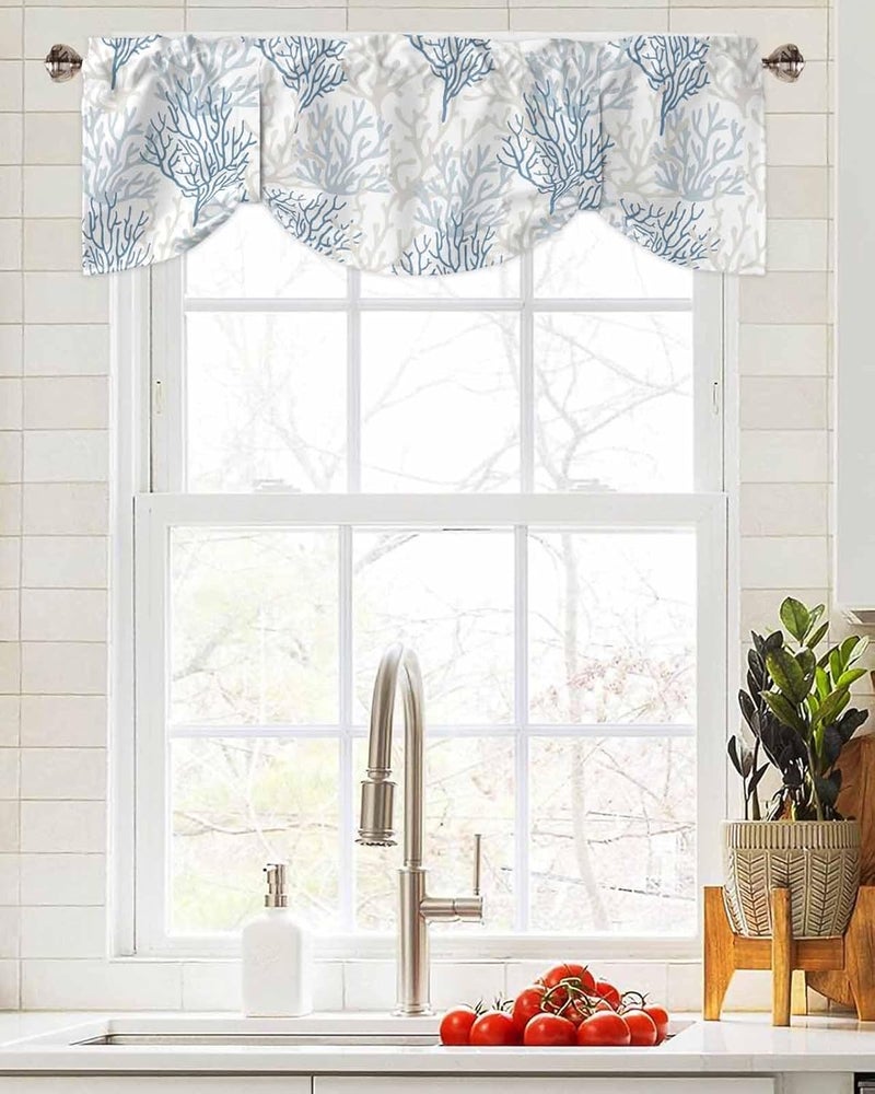 RisQiten Blue Grey Coral Coastal Tie Up Valance Curtains for Windows, Summer Beach Kitchen Curtains Window Treatments, Seaside Nautical Short Window Shades Valances for Bedroom Bathroom Cafe 54"x18" - Image 4